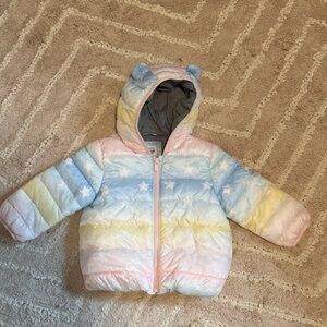 Baby GAP Pastel Rainbow Striped Baby Puffer Jacket with Hood